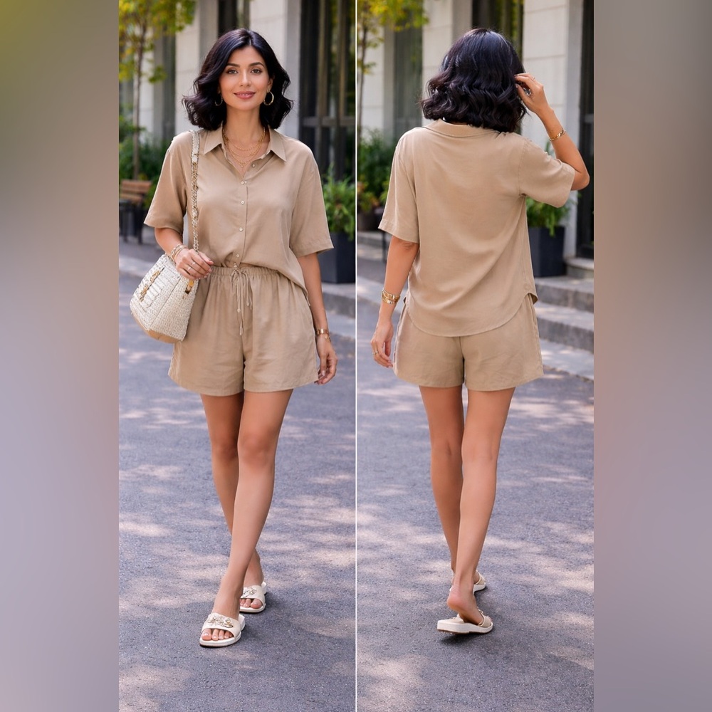 Casual Drawstring Skort Set in Tan